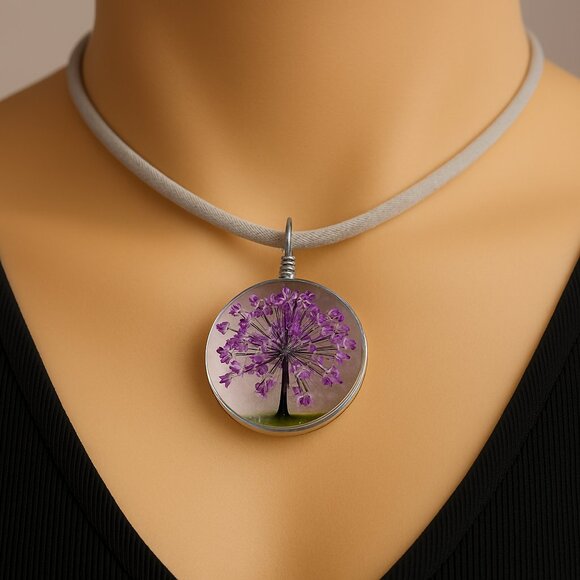 Circle Resin Purple Floral Tree Pendant Necklace 18" Gray Cord Fashion Jewelry - Picture 1 of 8